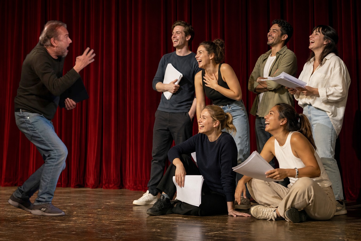 Edmund Emge als Regisseur, links im Original; rechts eine lachende Schauspielgruppe, die zu ihm sieht